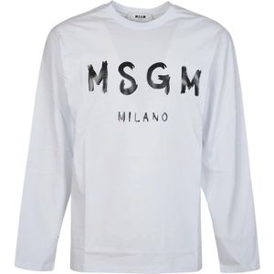 Msgm, Tops, Heren, Wit, S, Katoen, Lange Mouw Logo Print T-Shirt