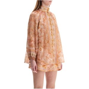 Zimmermann, Blouses & Shirts, Dames, Beige, S, Rayon, Elegante Paisley Blouse met Hoge Hals