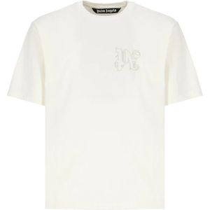 Palm Angels, Tops, Heren, Beige, XL, Katoen, Geborduurd Logo Crew Neck T-shirt
