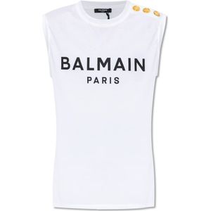 Balmain, Tops, Dames, Wit, XS, Katoen, Mouwloos T-shirt met logo