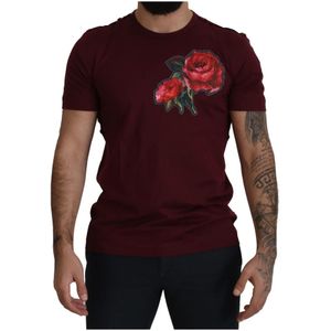 Dolce & Gabbana, Tops, Heren, Rood, L, Katoen, Bordeaux Roses Crewneck T-shirt