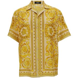 Versace, Overhemden, Heren, Geel, M, Barocco Print Hawaiian Overhemd