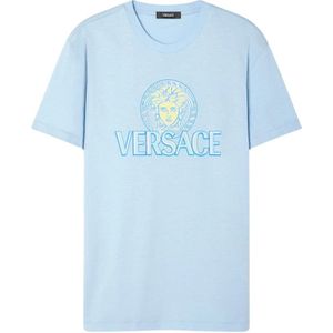 Versace, Tops, Heren, Blauw, L, Katoen, Medusa Head Logo Print Crew Neck