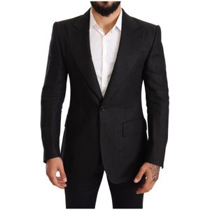 Dolce & Gabbana, Pakken, Heren, Zwart, M, Linnen, Zwarte Linnen Slim Fit Jas Blazer