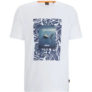 Hugo Boss, Tops, Heren, Wit, S, Katoen, Oranje Tucan Grafisch T-shirt