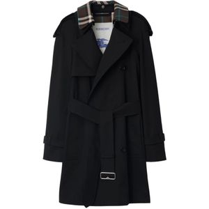 Burberry, Mantels, Dames, Zwart, 2Xs, Katoen, Zwarte Katoenen Trenchcoat met Ruitpatroon