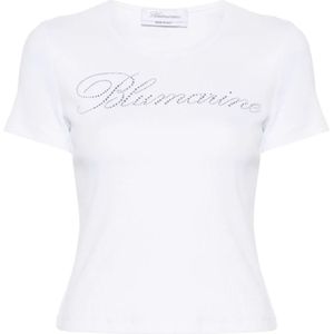 Blumarine, Tops, Dames, Wit, M, Katoen, Rhinestone Logo Crew Neck T-shirt