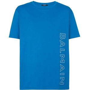 Balmain, Tops, Heren, Blauw, L, Katoen, Geëmbosseerd T-shirt