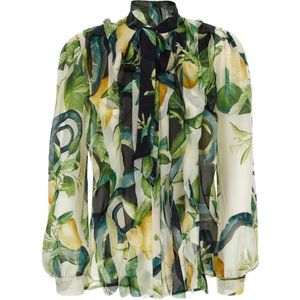 Roberto Cavalli, Blouses & Shirts, Dames, Groen, S, Citroenprint Zijden Ruches Shirt