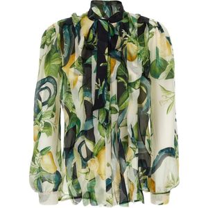 Roberto Cavalli, Citroenprint Zijden Ruches Shirt Groen, Dames, Maat:S