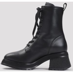 Moncler, Schoenen, Dames, Zwart, 38 EU, Zwarte Leren Enkellaarzen Vetersluiting Blokhak