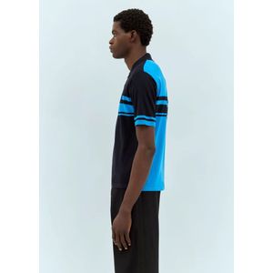 Wales Bonner, Tops, Heren, Blauw, M, Wol, Gestreept wollen gebreid poloshirt