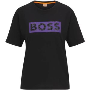 Hugo Boss, Tops, Dames, Zwart, S, Katoen, Slim Fit Katoenen T-Shirt met Versierd Logo