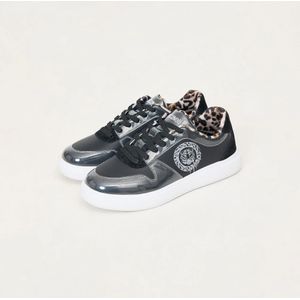 Just Cavalli, Schoenen, Dames, Zwart, 37 EU, Leer, Logo Sneakers met Luipaardprint Interieur