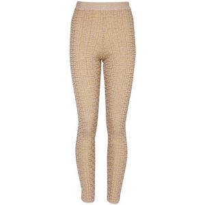 Balmain, Broeken, Dames, Beige, L, Leer, PB Labyrinth gebreide leggings