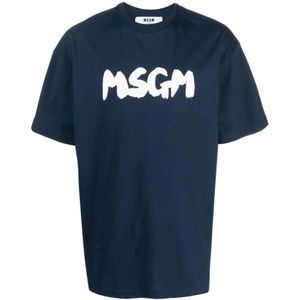 Msgm, Tops, Heren, Blauw, M, Katoen, Blauw Logo T-Shirt