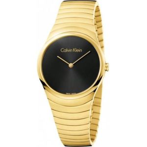 Calvin Klein, Elegant Quartz Horloge met Zwarte Wijzerplaat en Stalen Kast Geel, Dames, Maat:ONE Size