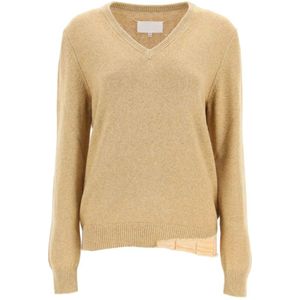 Maison Margiela, Luxe V-Hals Wol Kasjmier Trui Beige, Dames, Maat:M