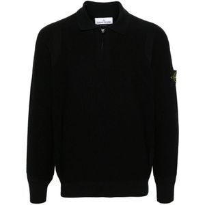 Stone Island, Truien, Heren, Zwart, S, Wol, Zwarte Wol Polo Rits Trui