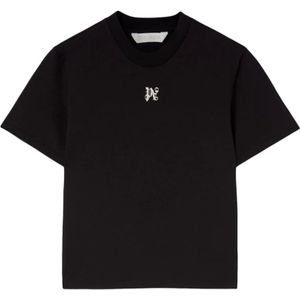 Palm Angels, Tops, Dames, Zwart, XS, Katoen, Zwart Logo Geborduurde Boxy Fit T-Shirt