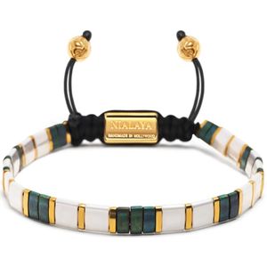 Nialaya, Men's Bracelet with White, Patina Green and Gold Miyuki Tila Beads Veelkleurig, Heren, Maat:XL