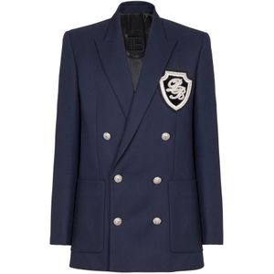 Balmain, Jassen, Heren, Blauw, S, Wol, Twill blazer met geborduurd PB Signature badge