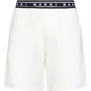 Marni, Korte broeken, Heren, Wit, L, Katoen, Logo-Print Elastische Taille Shorts