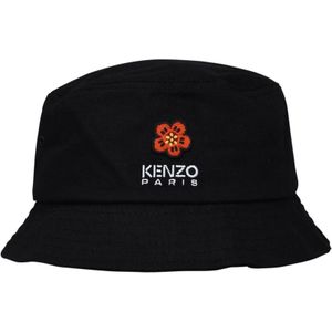 Kenzo, Accessoires, Heren, Zwart, M, Polyester, Zwarte Polyester Bucket Hoed met Geborduurd Logo