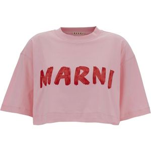 Marni, Roze T-shirt met Logo Print Roze, Dames, Maat:XS