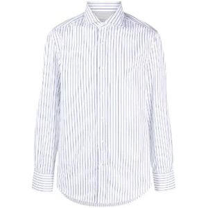 Brunello Cucinelli, Blauw-wit gestreept overhemd Wit, Heren, Maat:L