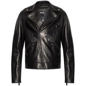 Versace, Jassen, Heren, Zwart, M, Leer, Leren bikerjack