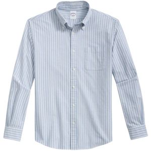 Brooks Brothers, Overhemden, Heren, Blauw, XL, Katoen, Blauw Gestreept Regular Fit Oxford Overhemd met Polo Button Down Kraag