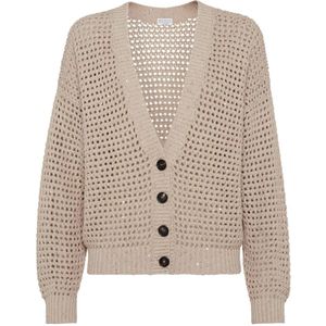 Brunello Cucinelli, Truien, Dames, Beige, M, Katoen, Gemengd katoenen Cardigan