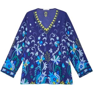 Maliparmi, Blouses & Shirts, Dames, Blauw, S, Elegant V-Neck Floral Embroidered Shirt