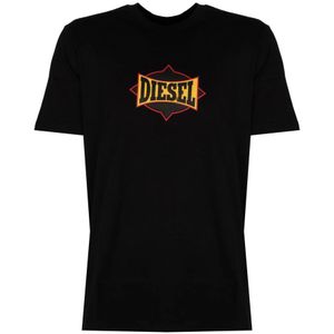 Diesel, Tops, Heren, Zwart, M, Katoen, Elegante Ronde Hals Bedrukt T-Shirt