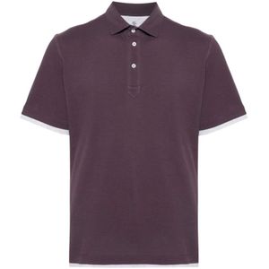 Brunello Cucinelli, Tops, Heren, Paars, S, Katoen, Aubergine Polo Shirt Gelaagde Details