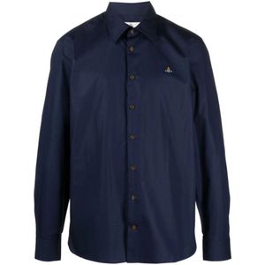 Vivienne Westwood, Overhemden, Heren, Blauw, M, Katoen, Blauw Orb Logo Geborduurd Overhemd