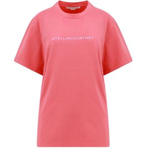 Stella McCartney, Tops, Dames, Roze, XS, Katoen, Roze Geribbelde T-shirt met Logo Print