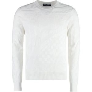 Dolce & Gabbana, Truien, Heren, Beige, L, Zijden Geribbelde Crew-neck Sweater