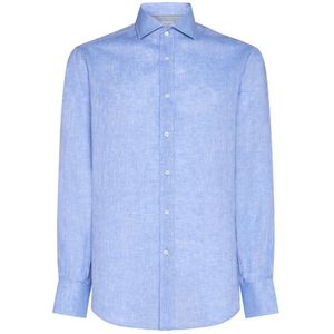 Brunello Cucinelli, Overhemden, Heren, Blauw, L, Katoen, Heldere Blauwe Shirt met Zak