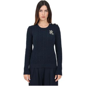 Ralph Lauren, Truien, Dames, Blauw, XL, Blauwe Crew-Neck Sweater met Decoratieve Knopen