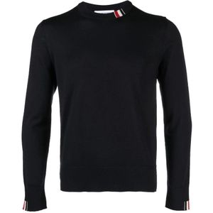 Thom Browne, Truien, Heren, Blauw, L, Wol, Navy Blauwe Wollen Trui