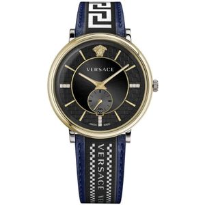 Versace, Accessoires, Heren, Blauw, ONE Size, V-circle Multifunction Leren Horloge