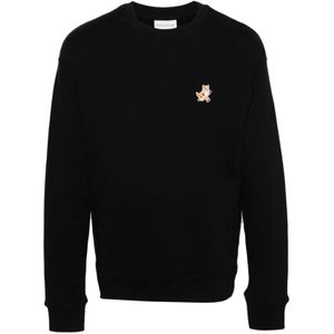Maison Kitsuné, Sweatshirts & Hoodies, Heren, Zwart, M, Katoen, Zwarte Comfort-Fit Sweater met Speedy Fox Logo Patch