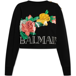 Balmain, Sweatshirts & Hoodies, Dames, Zwart, S, Katoen, Bedrukte sweatshirt