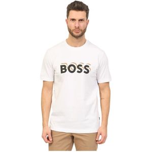 Hugo Boss, Tops, Heren, Wit, M, Katoen, Regular Fit Katoenen T-Shirt met Rubberen Logo