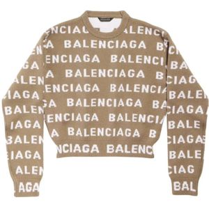 Balenciaga, Truien, Dames, Veelkleurig, S, Wol, Intarsia-Knit Logo Cropped Sweater