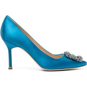 Manolo Blahnik, Blauwe Zijden Satijnen Hakken Décolleté met Juweelgesp Blauw, Dames, Maat:37 1/2 EU