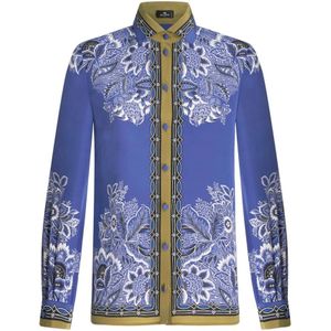 Etro, Blouses & Shirts, Dames, Blauw, M, Blauwe Khaki Bloemenprint Shirt