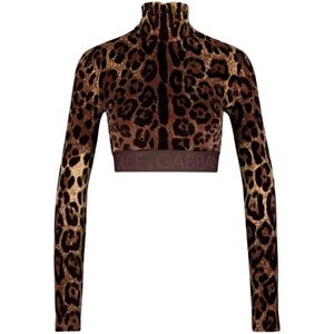 Dolce & Gabbana, Tops, Dames, Veelkleurig, S, Katoen, Leopard-Print Turtle-Neck Top